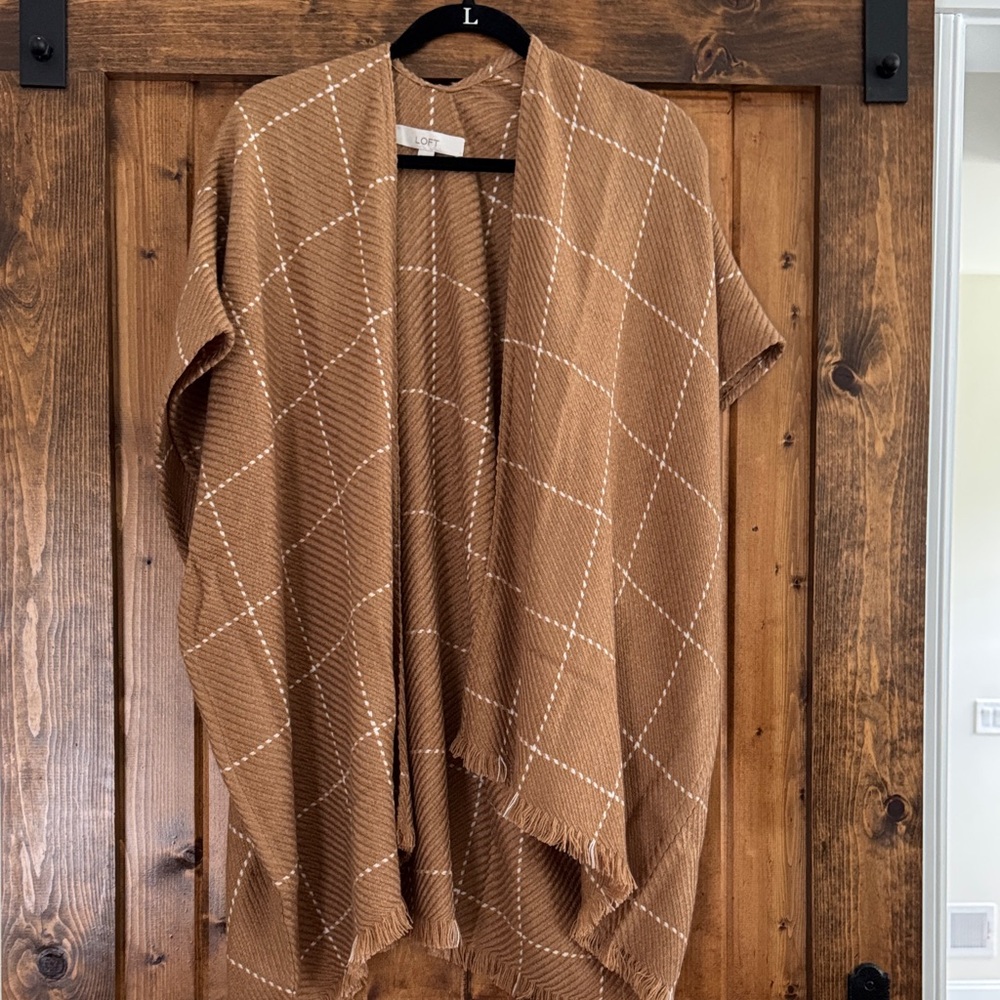 LOFT Tan Plaid Open Front Draped Cardigan